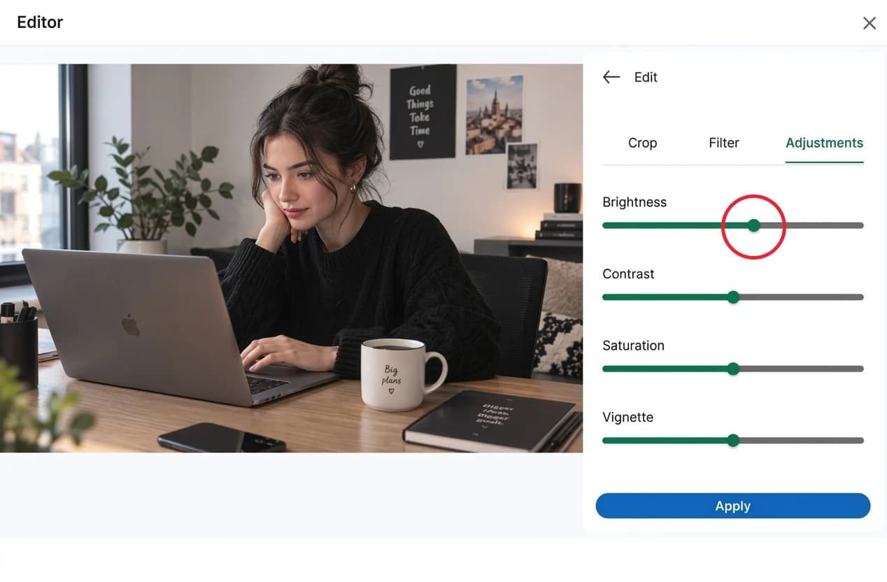 Adjusting brightness by 1% in LinkedIn's built-in image editor